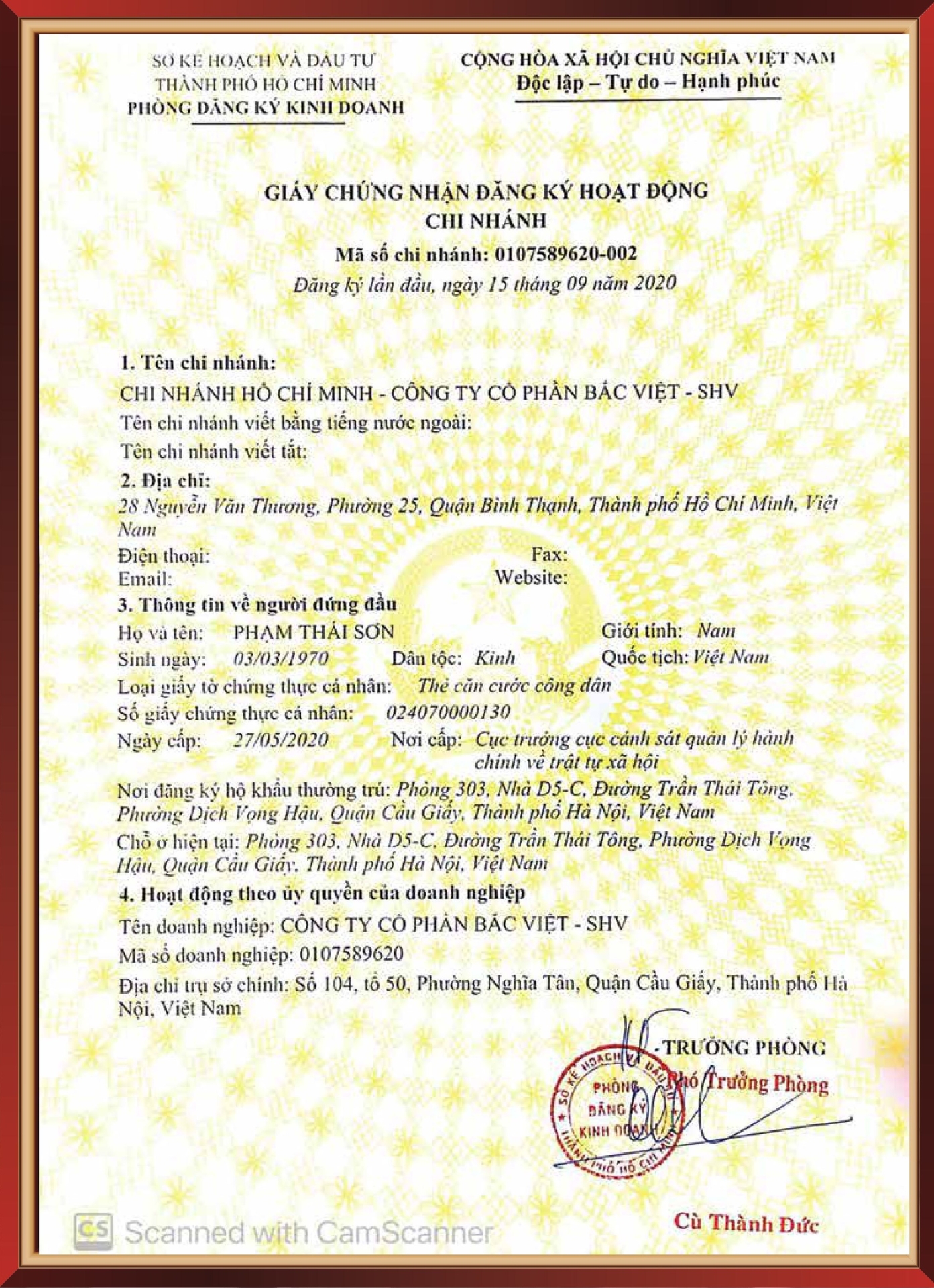 Giấy chứng nhận đăng k&yacute; chi nh&aacute;nh